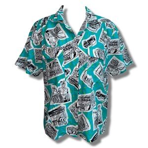 Vtg 80s Cotton Car Comic Print Button Down Shirt